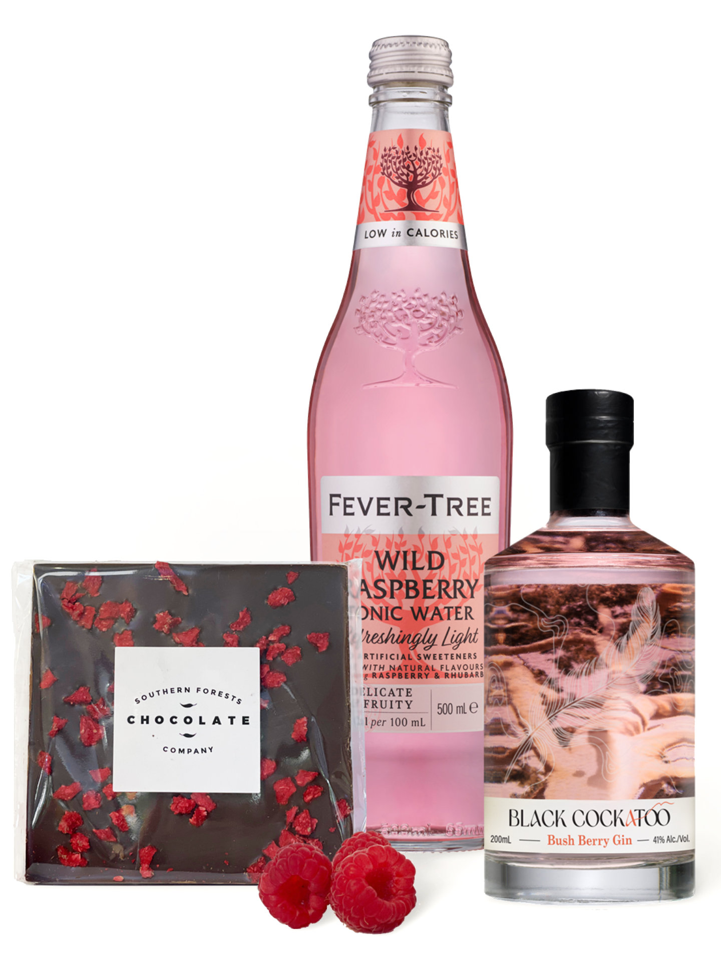 Bush Berry Gift Hamper with Bush Berry Gin, Fever-Tree Wild Raspberry tonic water, and Southern Forests Chocolate Co dark raspberry chocolate.